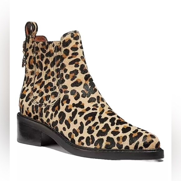 Coach Bowery Chelsea Pull-On Ankle Bootie Calf Fur Animal Print Cheetah Leopard - Picture 1 of 14